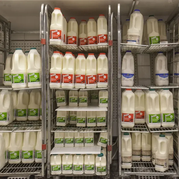 Picture of "White Water" Milk in single-use containers in a supermarket.