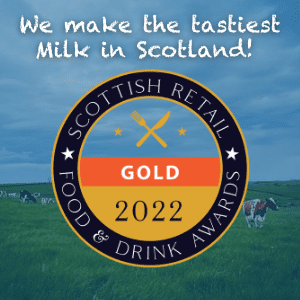 Picture of cows in a field with the Scottish Retail Food & Drink Awards Winner logo and the caption "We make the tastiest Milk in Scotland!"