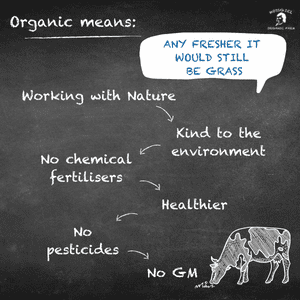 Text in picture: "Organic means: Any fresher and it would still be grass. Working with nature. Kind to the environment. No chemical fertilisers. Healthier. No pesticides. No GM."