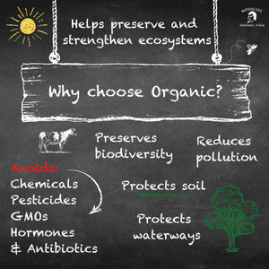 Text in picture: "Why choose Organic? Helps preserve and strengthen ecosystems. Preserves biodiversity. Reduces pollution. Protects Soil. Protects waterways. Avoids: chemicals, pesticides, GMOs, hormones & antibiotics."