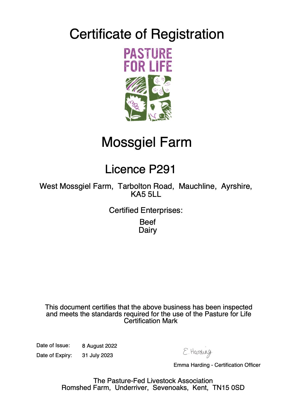 Picture of Mossgiel Organic Farm's Pasture For Life Certificate