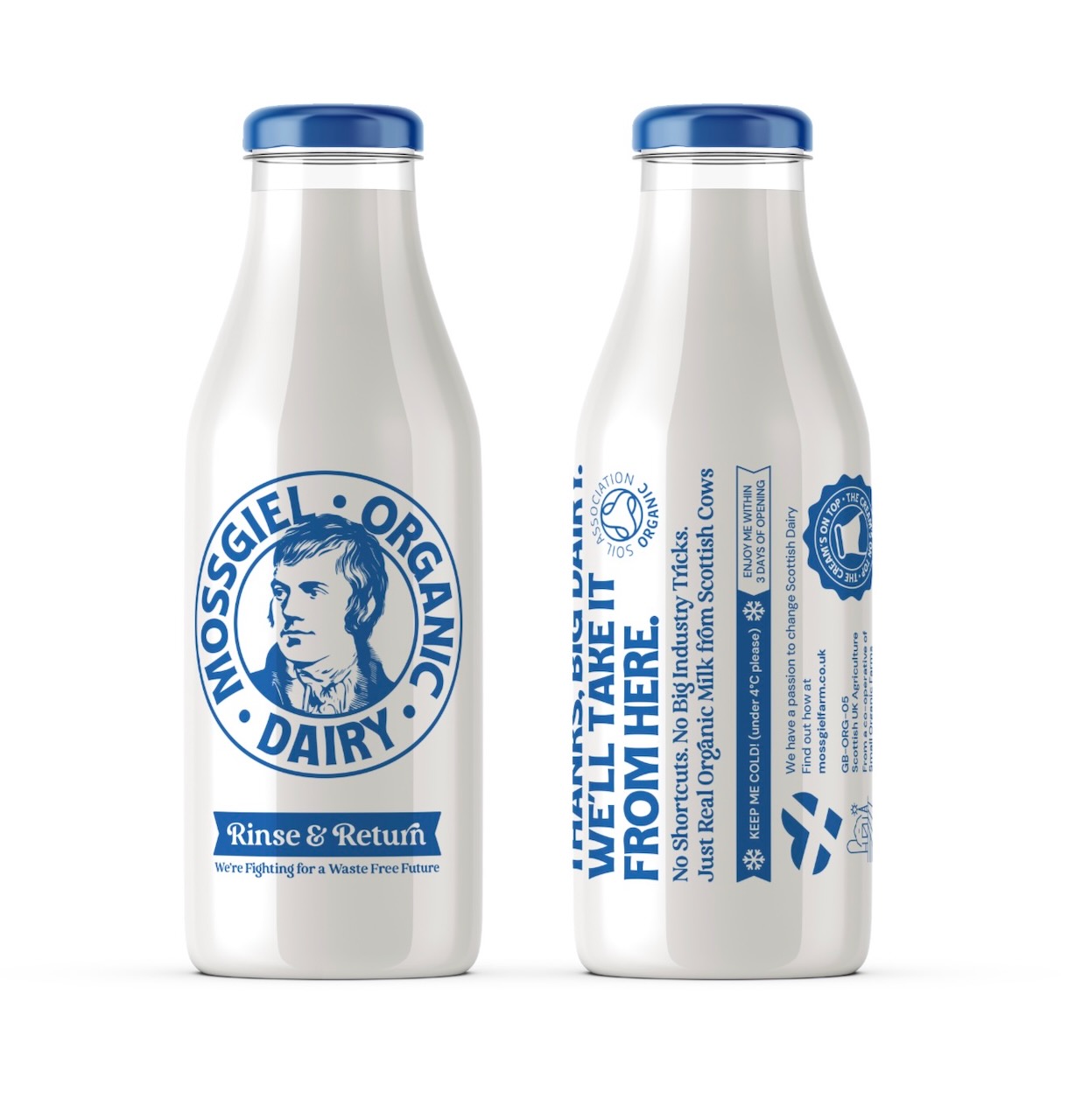 Front and back of Mossgiel's reusable 1 litre organic milk bottle